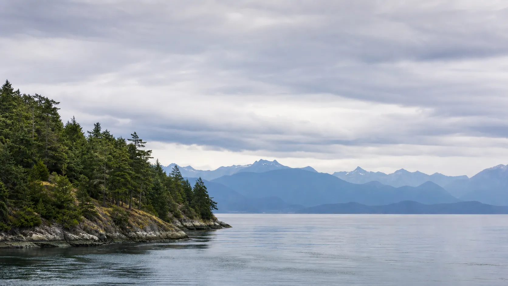 Mountains rising across a quiet inlet, with evergreen forest along the shore