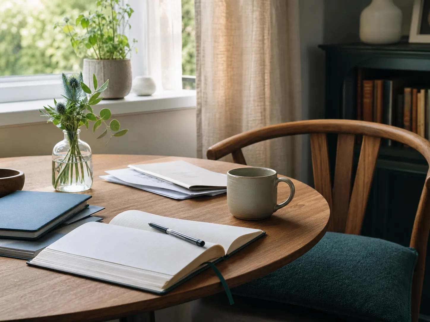 Notebook, pen and coffee on a wooden table beside a sunlit window