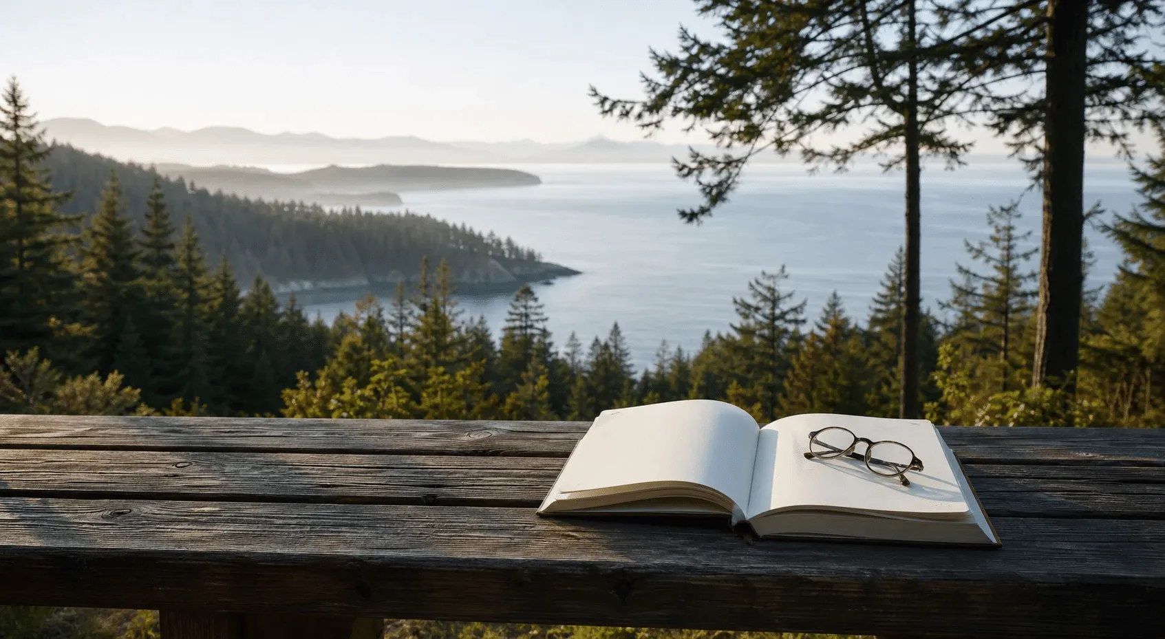 Open book and reading glasses on a wooden table overlooking a forested coast