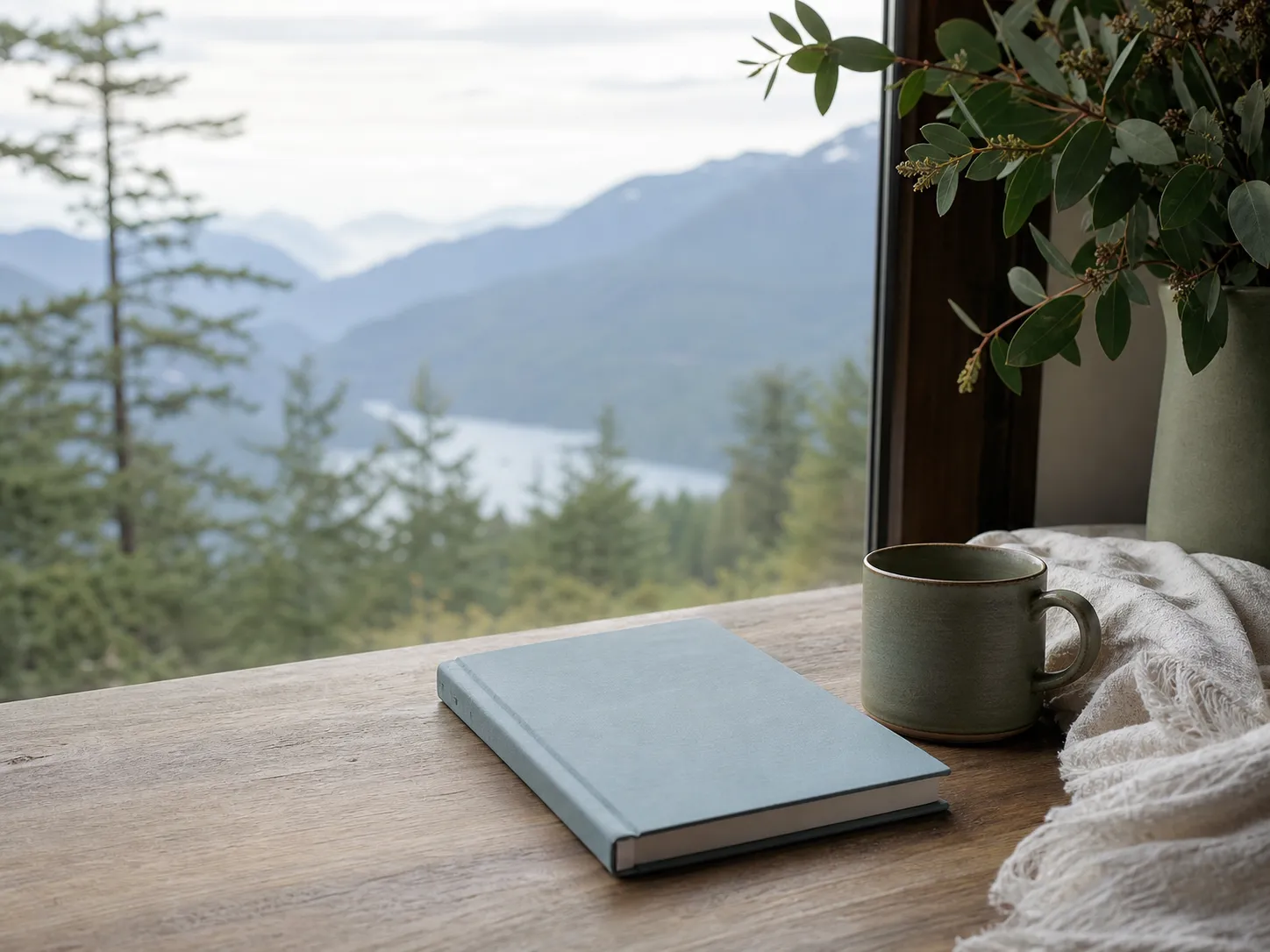 A blue notebook and a mug beside a window overlooking a lake and forested mountains